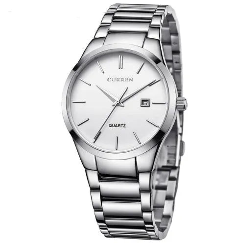 Men's analog quartz wristwatch with date display, 40mm dial, Hardlex crystal, black dial with silver bezel
