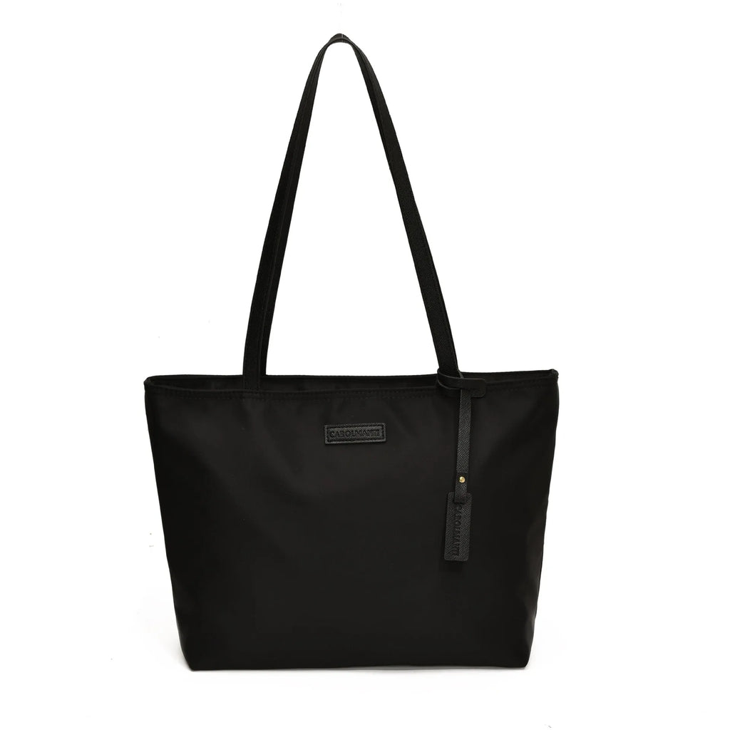 Women's large capacity soft Oxford cloth shoulder bag in black, horizontal square shape, with external sandwich pocket