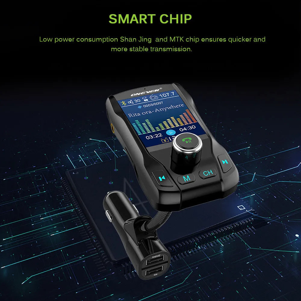 Black Bluetooth car FM transmitter with colour screen and dual USB ports plugged into a car dashboard.