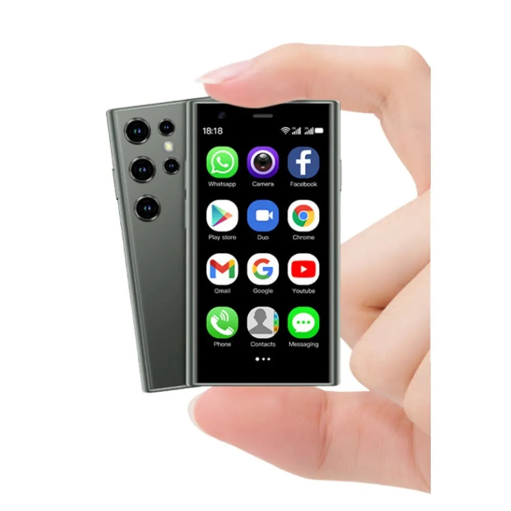 Mini Android smartphone with 3.0-inch screen in black, green or pink purple colours showing quad-core processor and 3G/WIFI connectivity