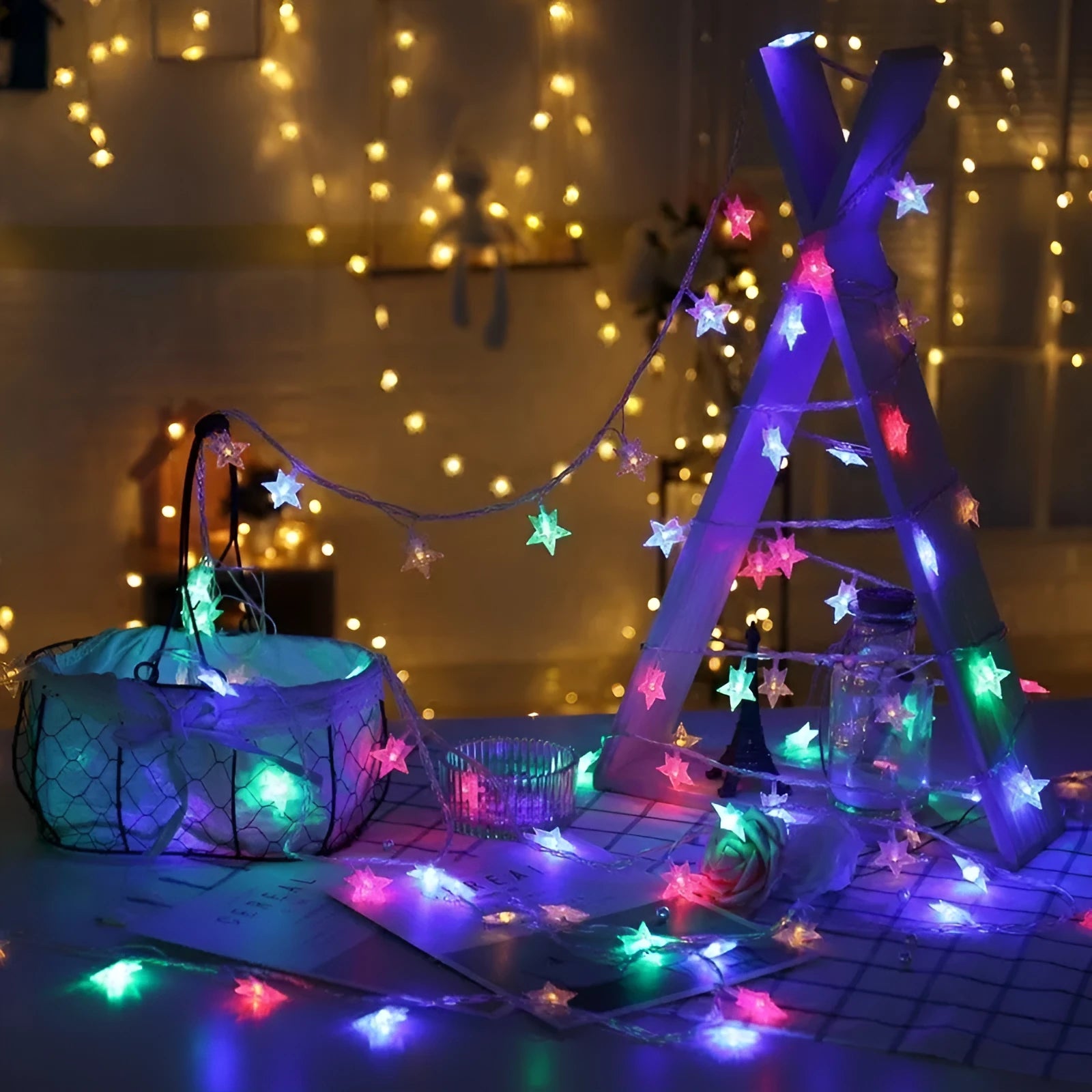 LED five-pointed star string lights with copper wire in warm white colour