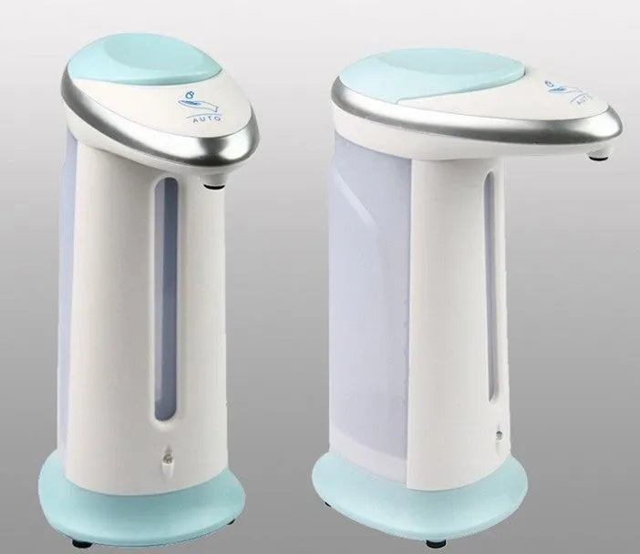 Black automatic touchless soap dispenser with infrared sensor, 400ml capacity, on a bathroom countertop