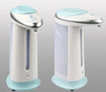 Black automatic touchless soap dispenser with infrared sensor, 400ml capacity, on a bathroom countertop
