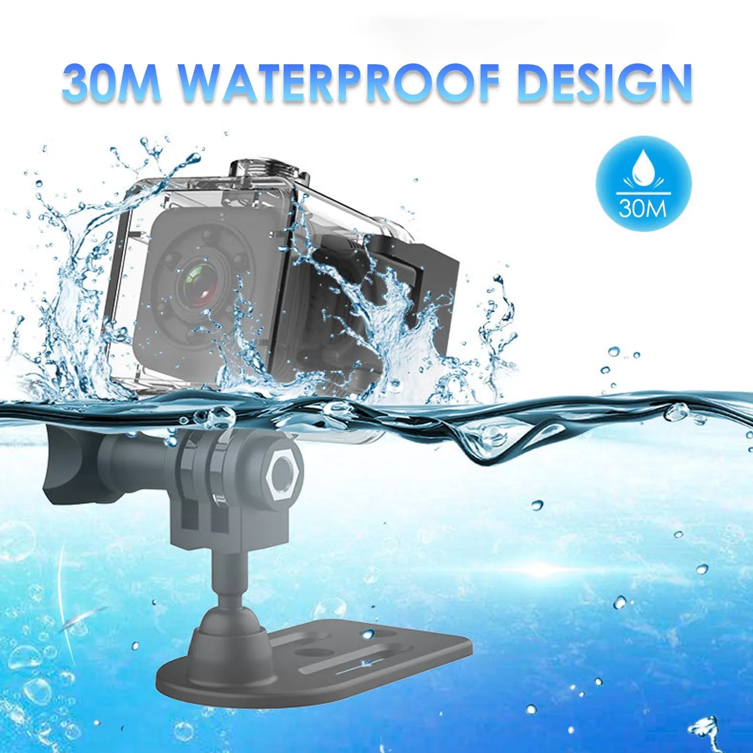 Black SQ29 waterproof sports camera showing MicroUSB port and TF card slot.