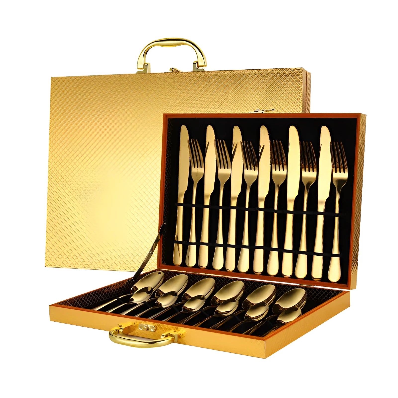 24-piece stainless steel cutlery set for six place settings showing knife, fork, and spoon options in different colour finishes.