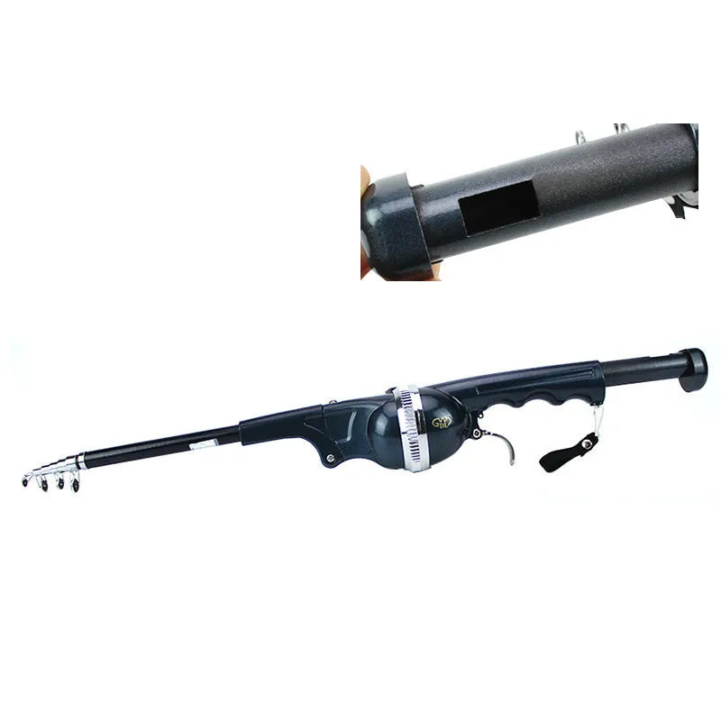 Foldable black fishing rod collapsed to 26.5cm showing built-in reel and epoxy resin construction
