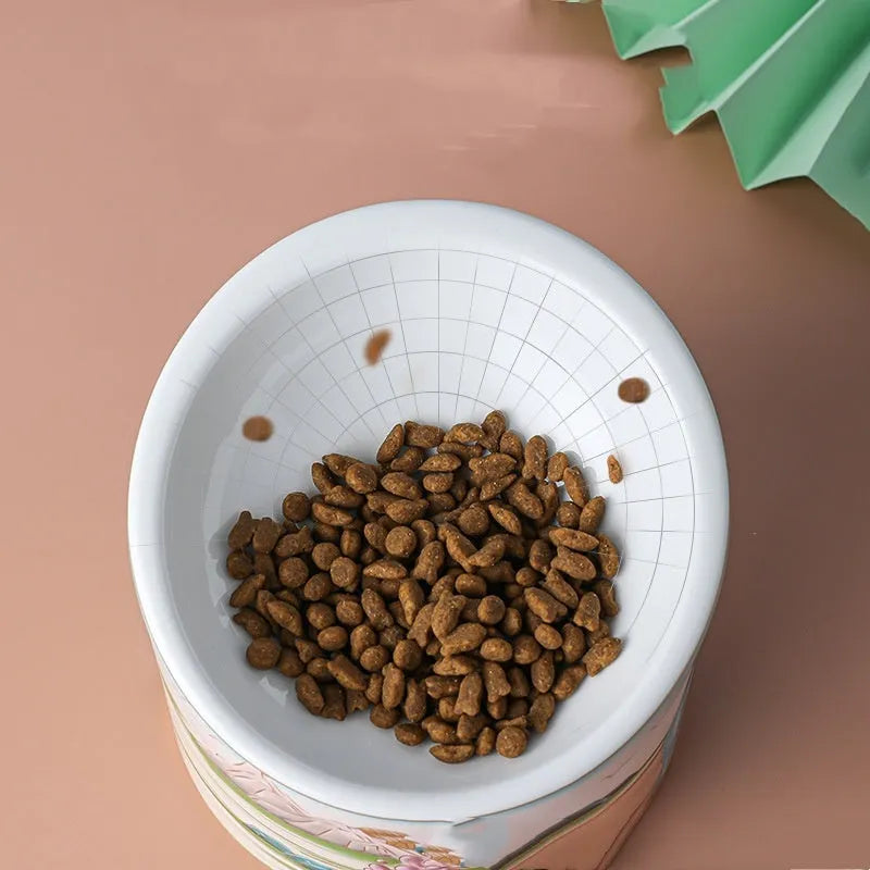 Chinese style ceramic cat bowl with high leg double bowl and oblique mouth shape in universal colour