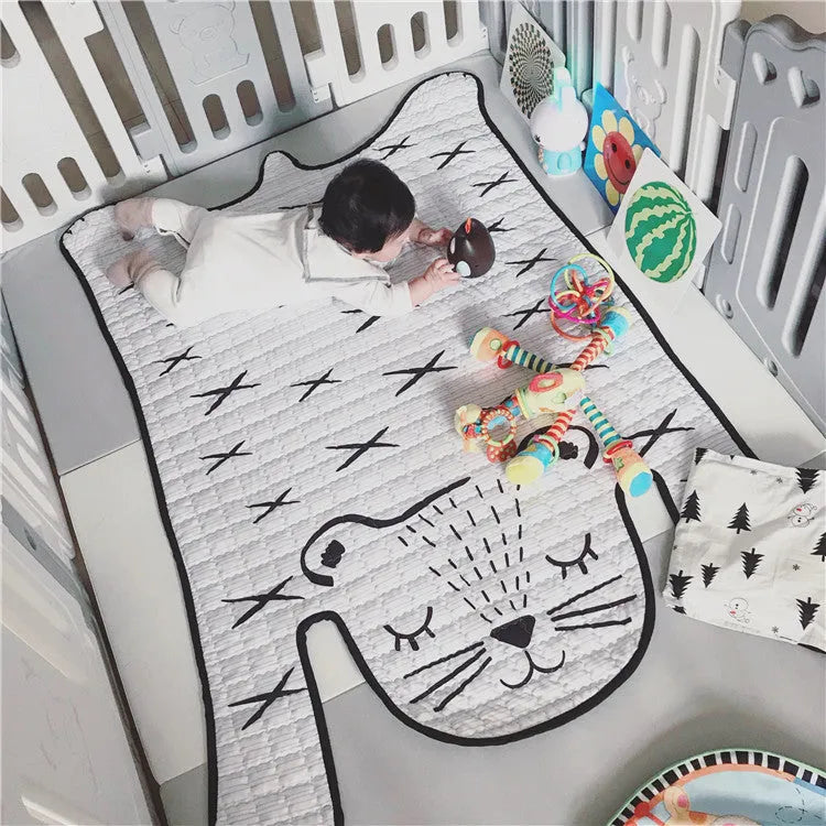 White tiger cotton baby play mat on floor with soft textile surface 130x190cm