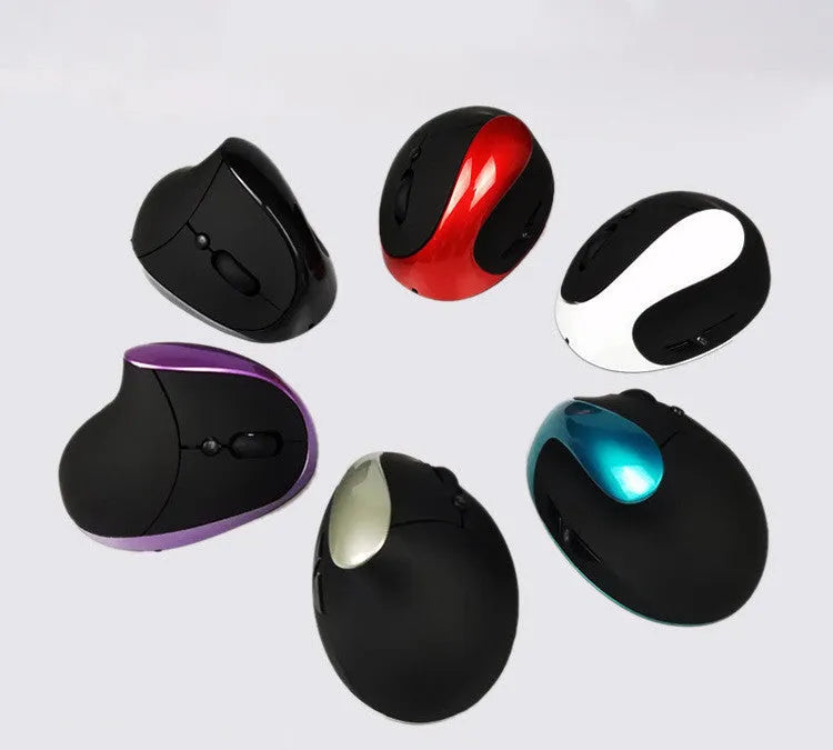Ergonomic vertical wired computer mouse in multiple colour options on a desk