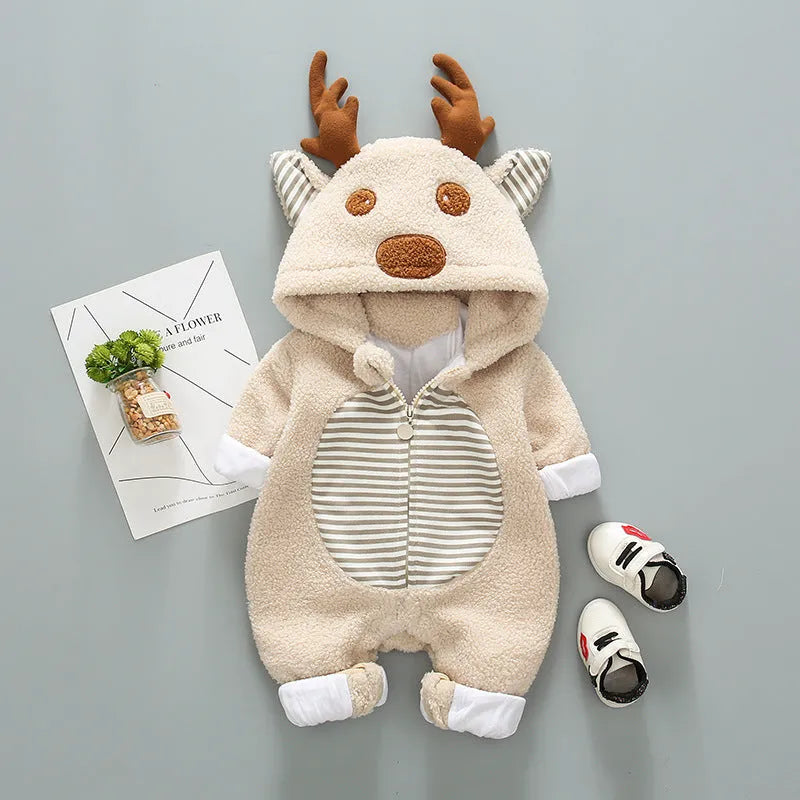 Long sleeve baby romper with lace-up strap closure in khaki, pink, and white colour options