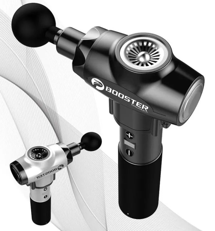 Black and white rechargeable muscle massager gun with adjustable speed settings.