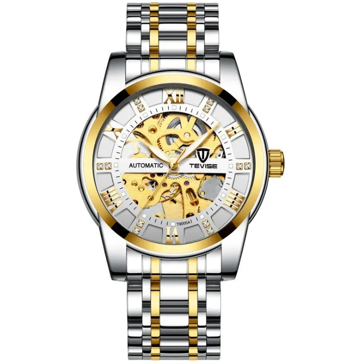TEVISE T9005A men's automatic mechanical watch with skeleton dial, stainless steel strap, and 41mm round case
