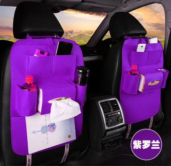 Multi-purpose auto seat organizer bag in wool felt, 33cm x 14cm x 5.5cm, black colour, on car seat back