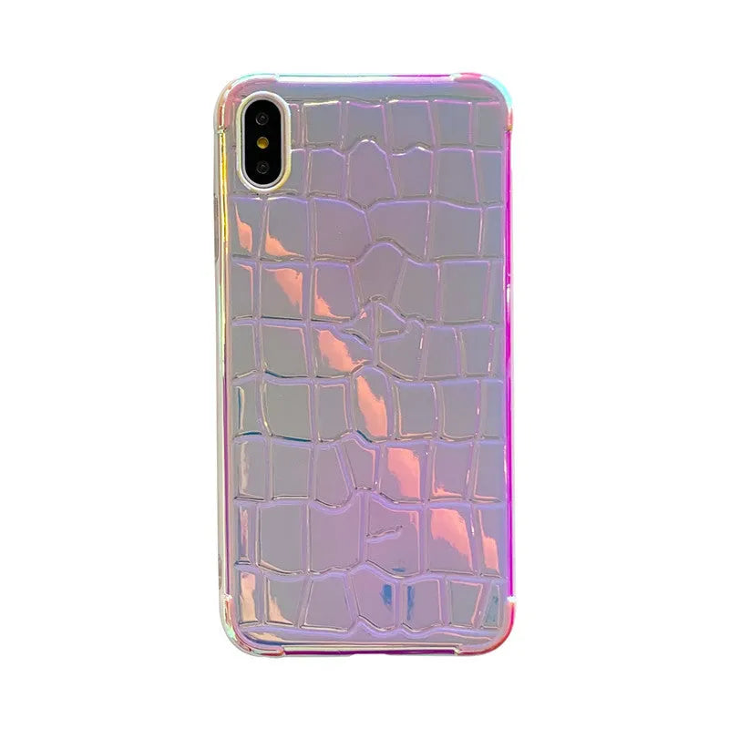 Glossy silver silicone phone case with a laser-etched irregular texture for iPhone, showing raised camera protection.