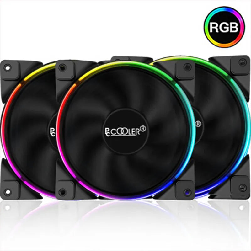 Three black 12cm FRGB lighting PC case fans with transparent blades on a dark background.
