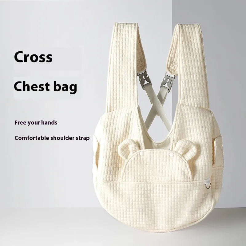 Grey quilted cross chest pet backpack for dogs and cats with square plaid pattern