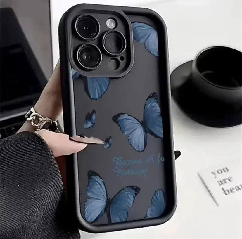 Blue butterfly printed edging drop-resistant TPU phone case for iPhone in black colour