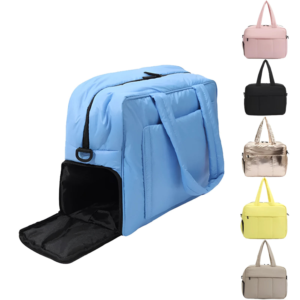 Nylon travel duffle bag with shoes compartment for women, solid colour, shoulder carry style