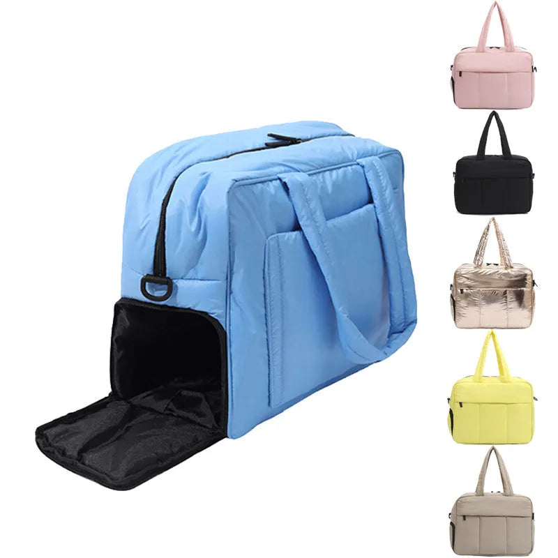 Nylon travel duffle bag with shoes compartment for women, solid colour, shoulder carry style