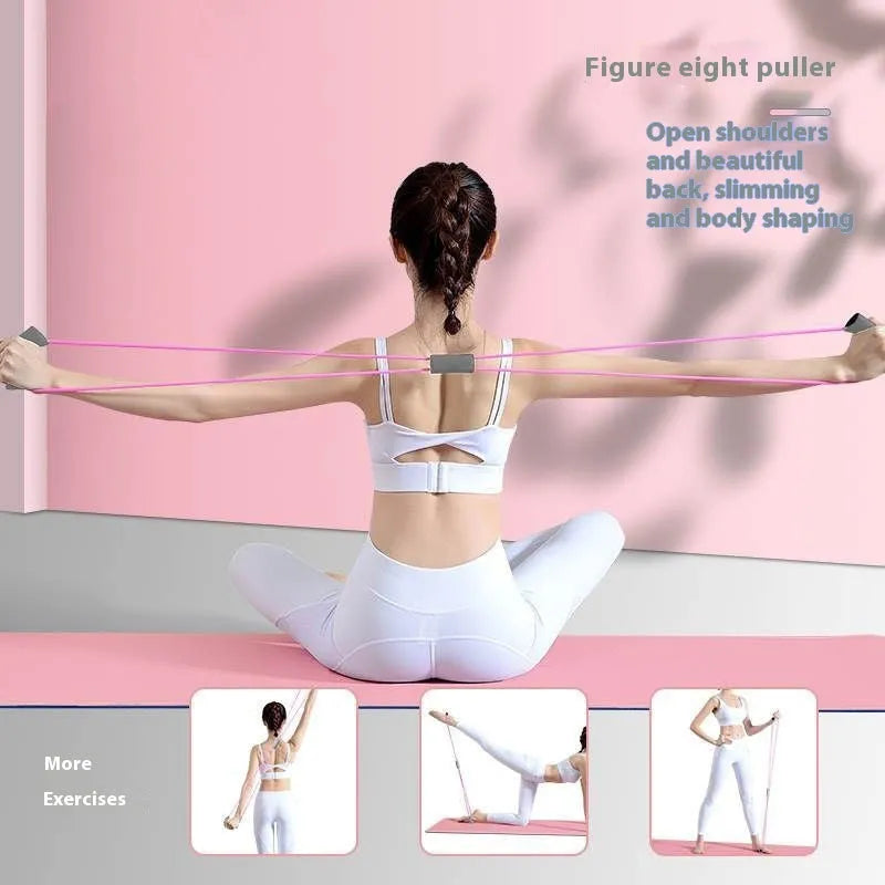 Yoga four piece fitness set showing leg stretcher, foot pedal, yoga ring, and figure eight tension rope.