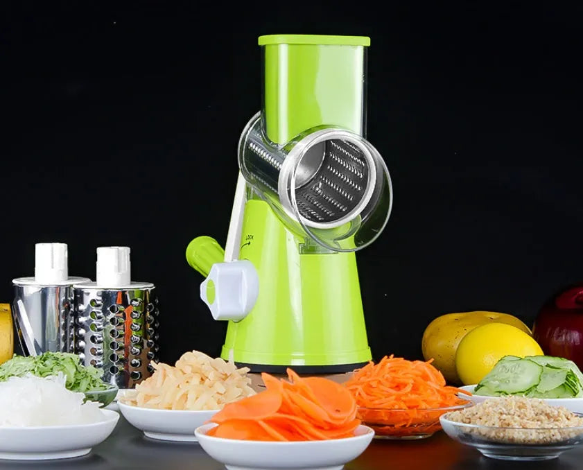 Manual round kitchen mandoline slicer with stainless steel blades in blue colour
