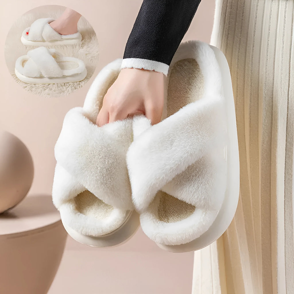 Women's platform fuzzy suede open toe criss-cross house slippers in Khaki on a wooden floor