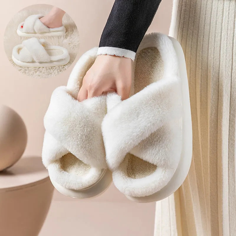 Women's platform fuzzy suede open toe criss-cross house slippers in Khaki on a wooden floor