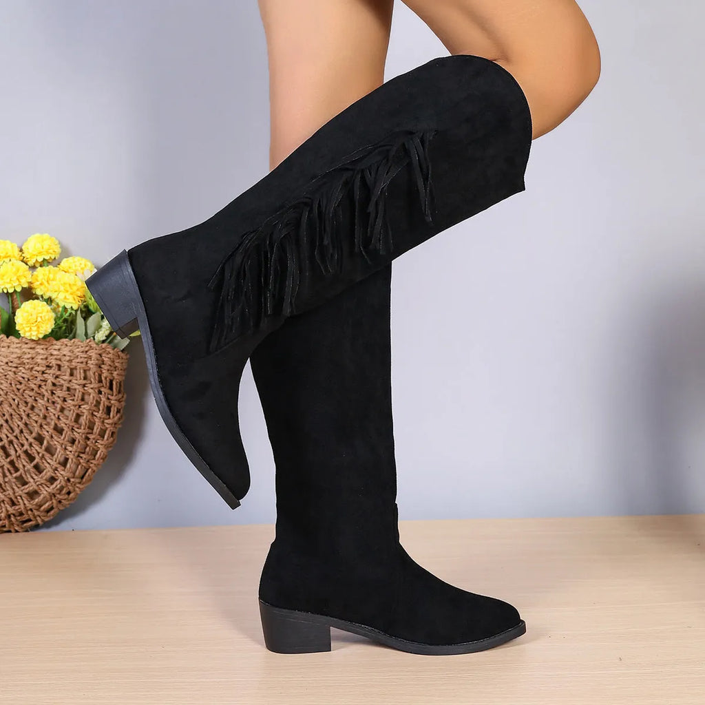 Women's winter fringe chunky heel western boots in black PU with tassel detail and pointed toe