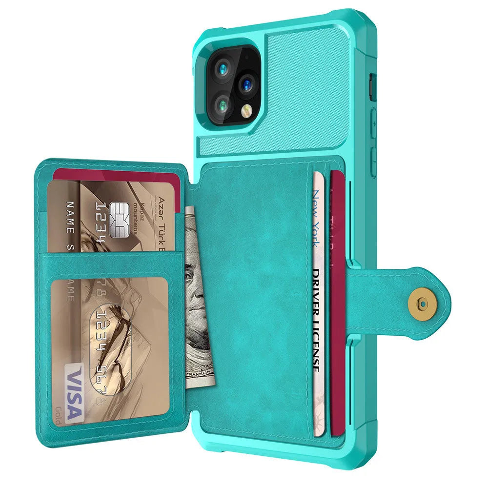 Imitation leather iPhone case with card wallet compartment in black blue green pink red colours