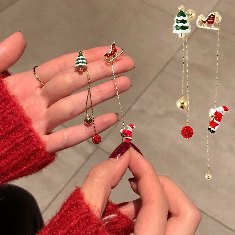 Moving Santa Claus long tassel asymmetric drop earrings for women with alloy finish