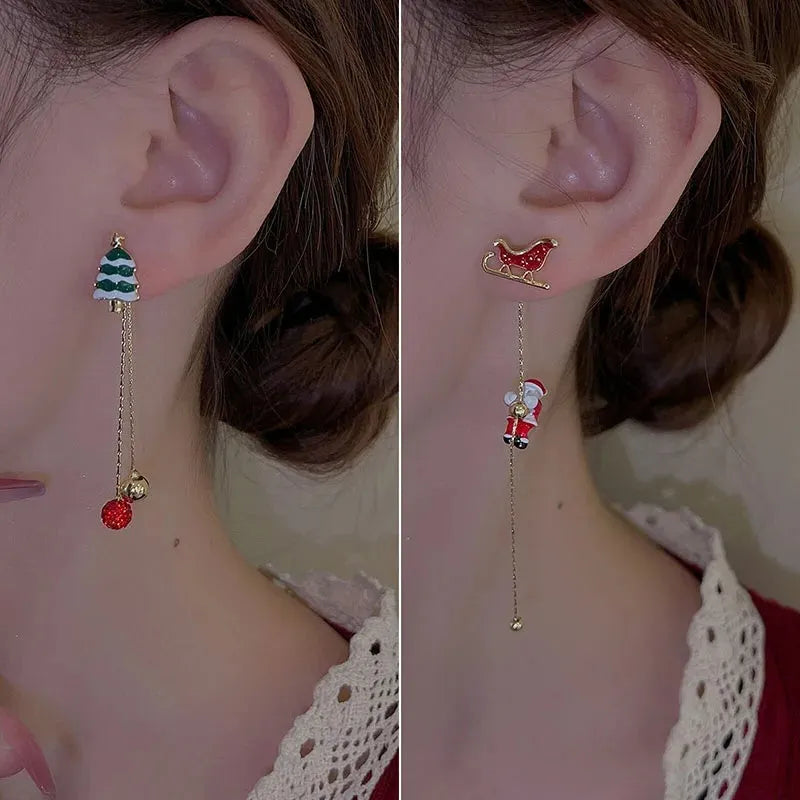 Moving Santa Claus long tassel asymmetric drop earrings for women with alloy finish