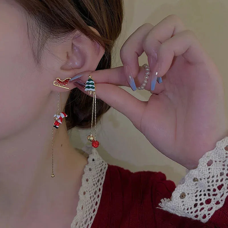 Moving Santa Claus long tassel asymmetric drop earrings for women with alloy finish