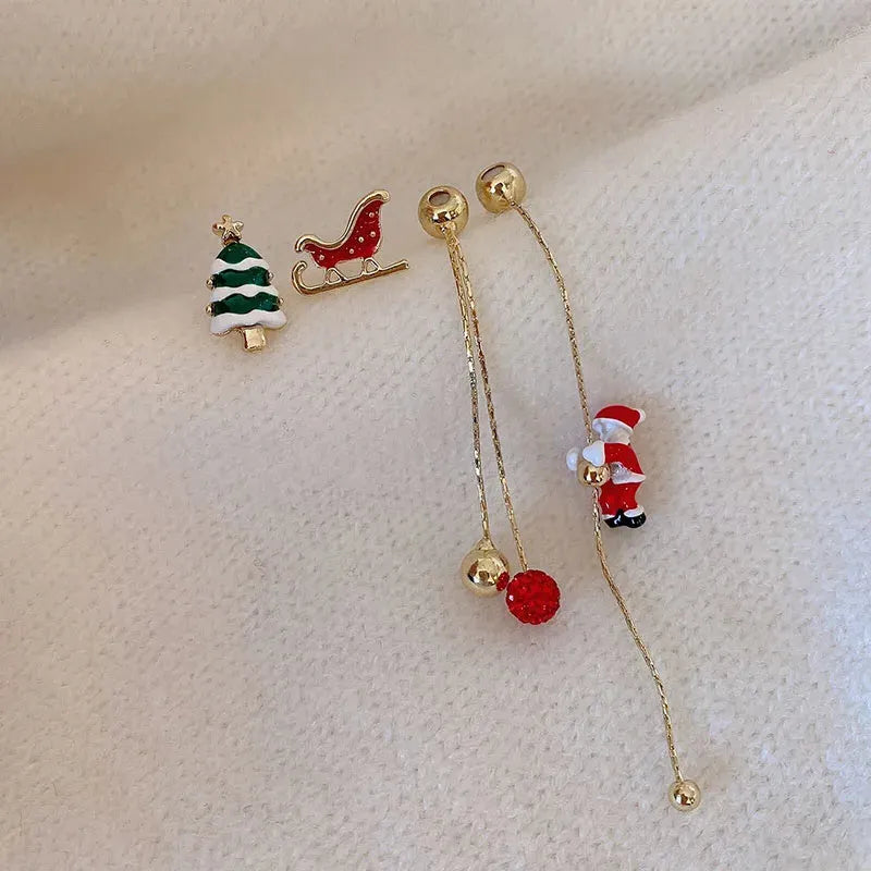 Moving Santa Claus long tassel asymmetric drop earrings for women with alloy finish