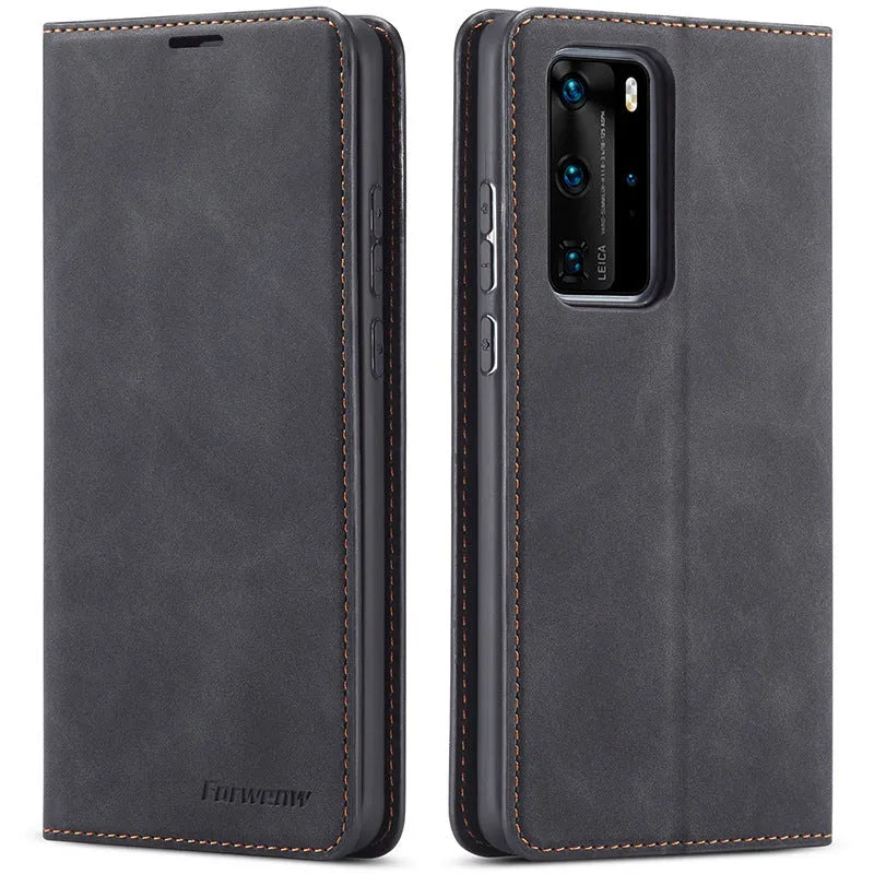 Flip leather phone case for Huawei P40 Pro with card slot, black colour, handmade PU and TPU construction
