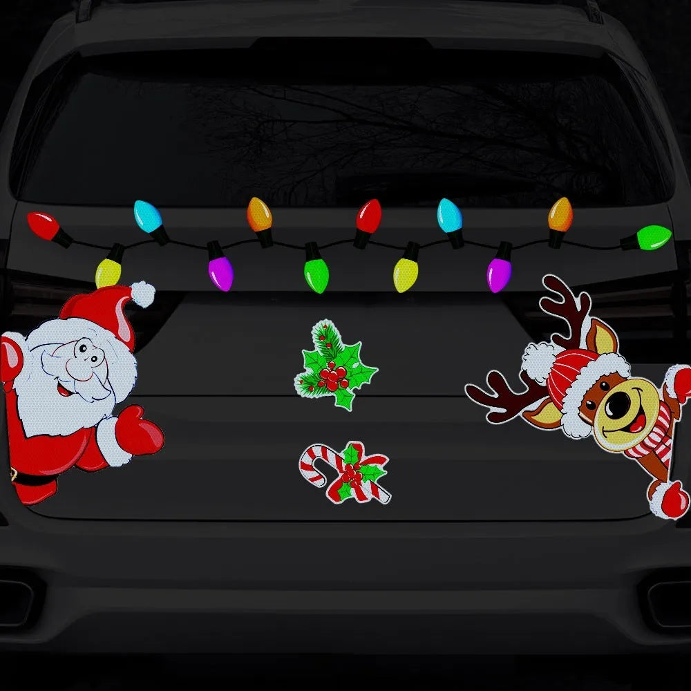 Reflective red and white Christmas elk cartoon design on a medium magnetic sticker.