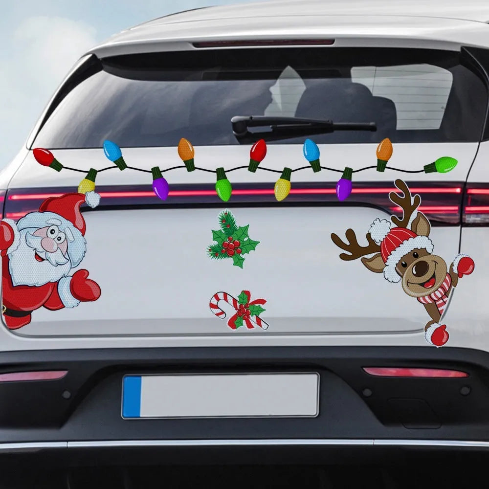 Reflective red and white Christmas elk cartoon design on a medium magnetic sticker.