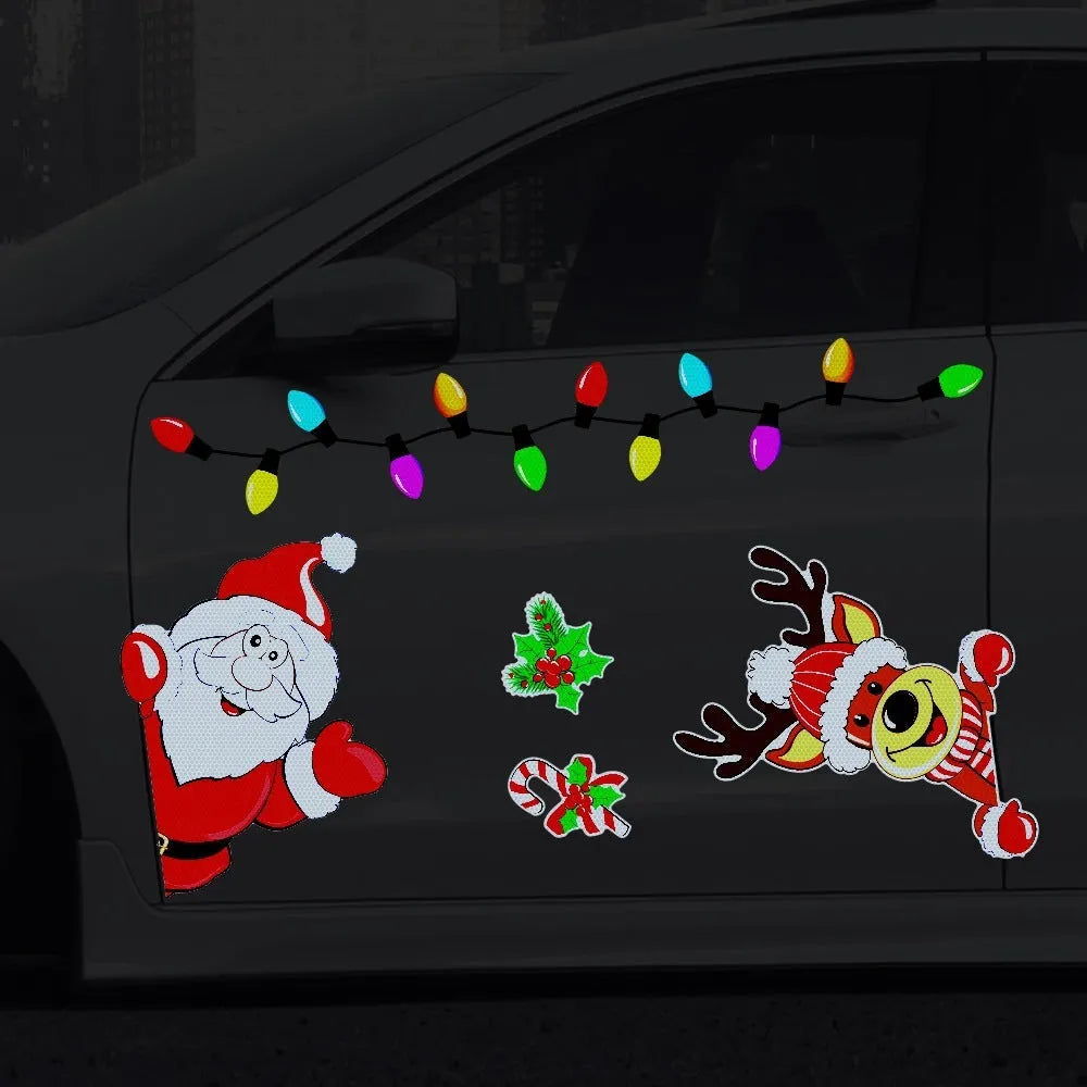 Reflective red and white Christmas elk cartoon design on a medium magnetic sticker.