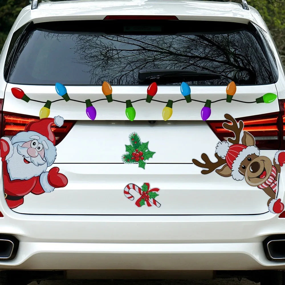 Reflective red and white Christmas elk cartoon design on a medium magnetic sticker.