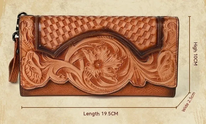 Vintage brown floral embossed women's tri-fold leather wallet showing interior organisation