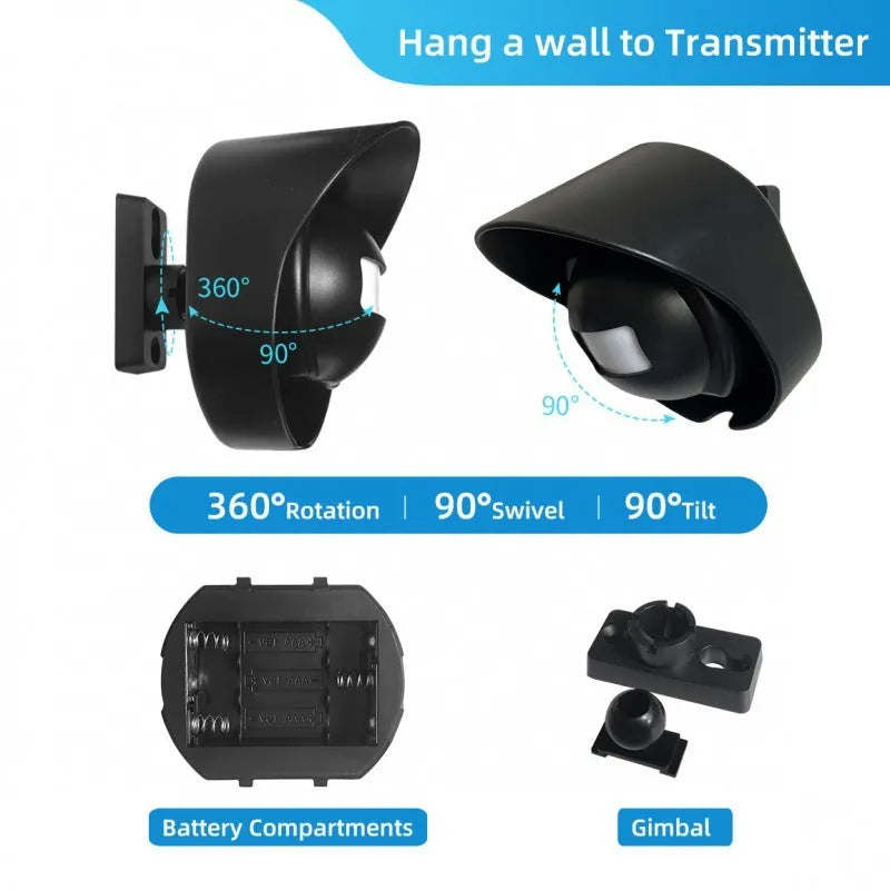 Wireless IP44 waterproof outdoor doorbell with 360 degree PIR sensor and 200 metre range receiver