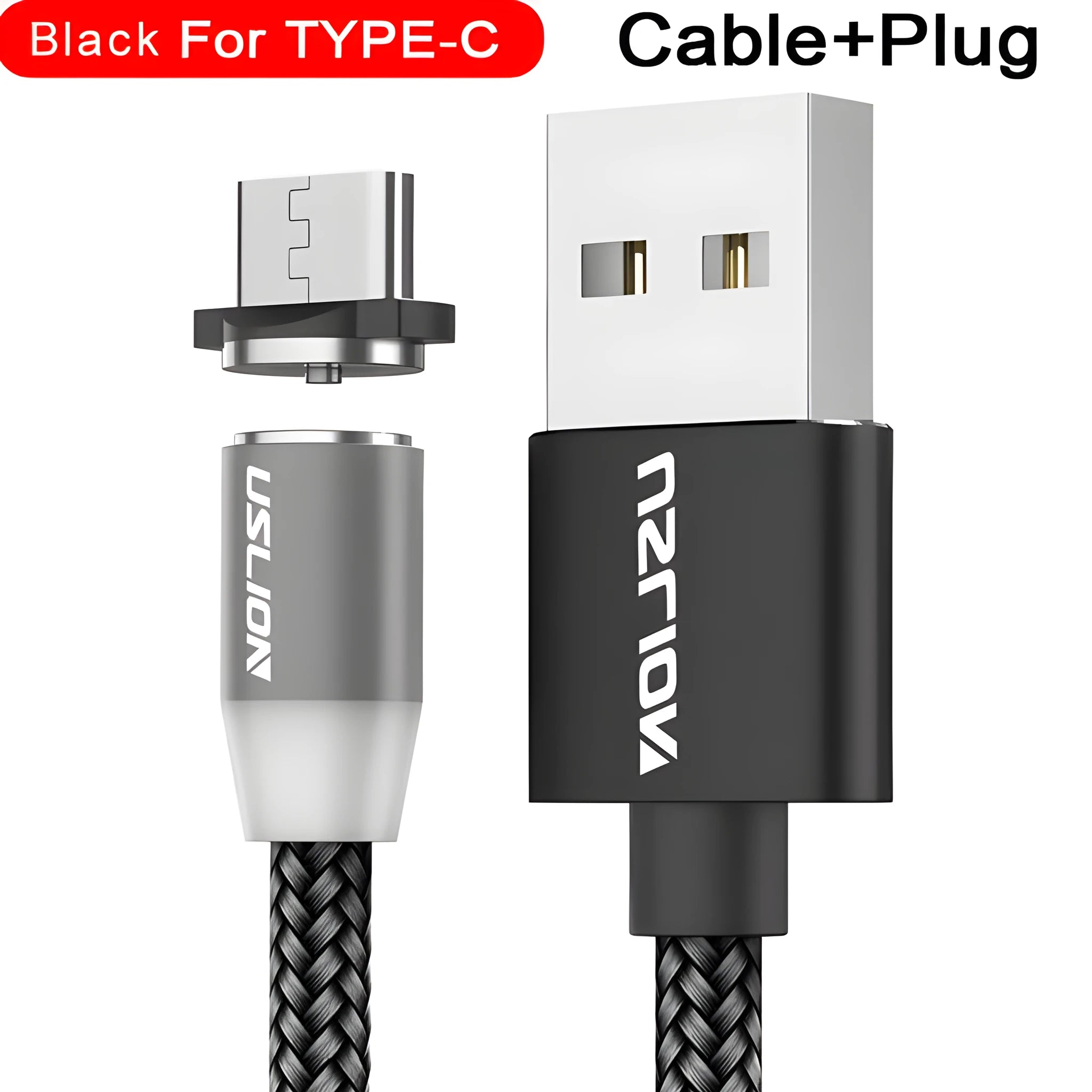 USLION circular magnetic charging cable in black, showing magnetic connector and plug for Android, iOS, or Type-C device.