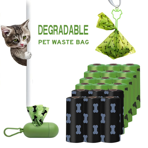 Biodegradable thickened dog poop bags in black and green on a roll with dispenser for pet waste cleanup.