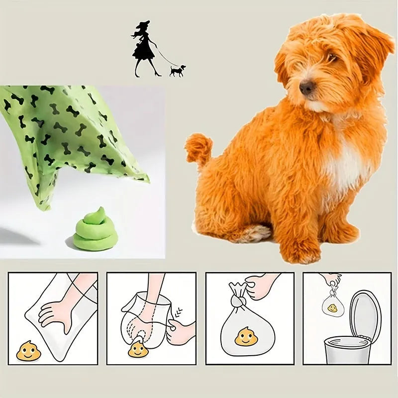 Biodegradable thickened dog poop bags in black and green on a roll with dispenser for pet waste cleanup.