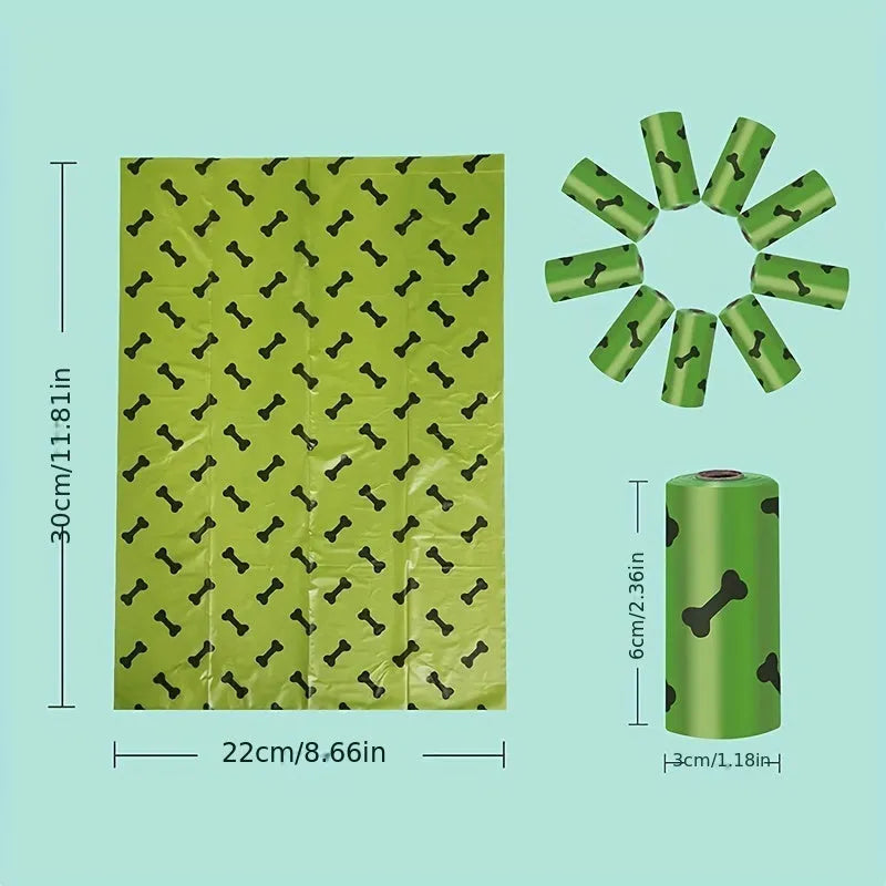 Biodegradable thickened dog poop bags in black and green on a roll with dispenser for pet waste cleanup.