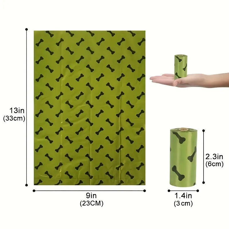 Biodegradable thickened dog poop bags in black and green on a roll with dispenser for pet waste cleanup.