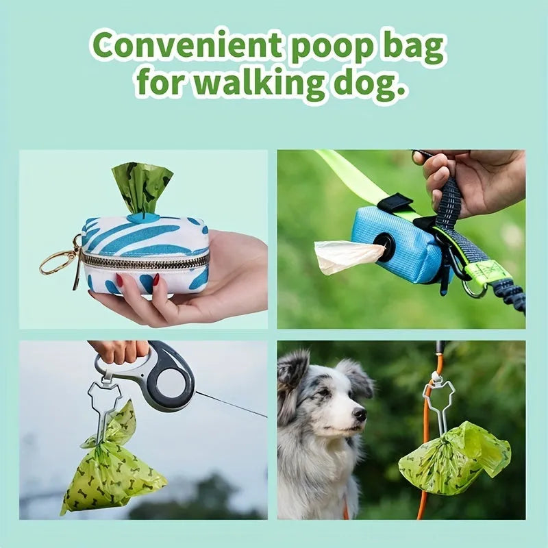 Biodegradable thickened dog poop bags in black and green on a roll with dispenser for pet waste cleanup.