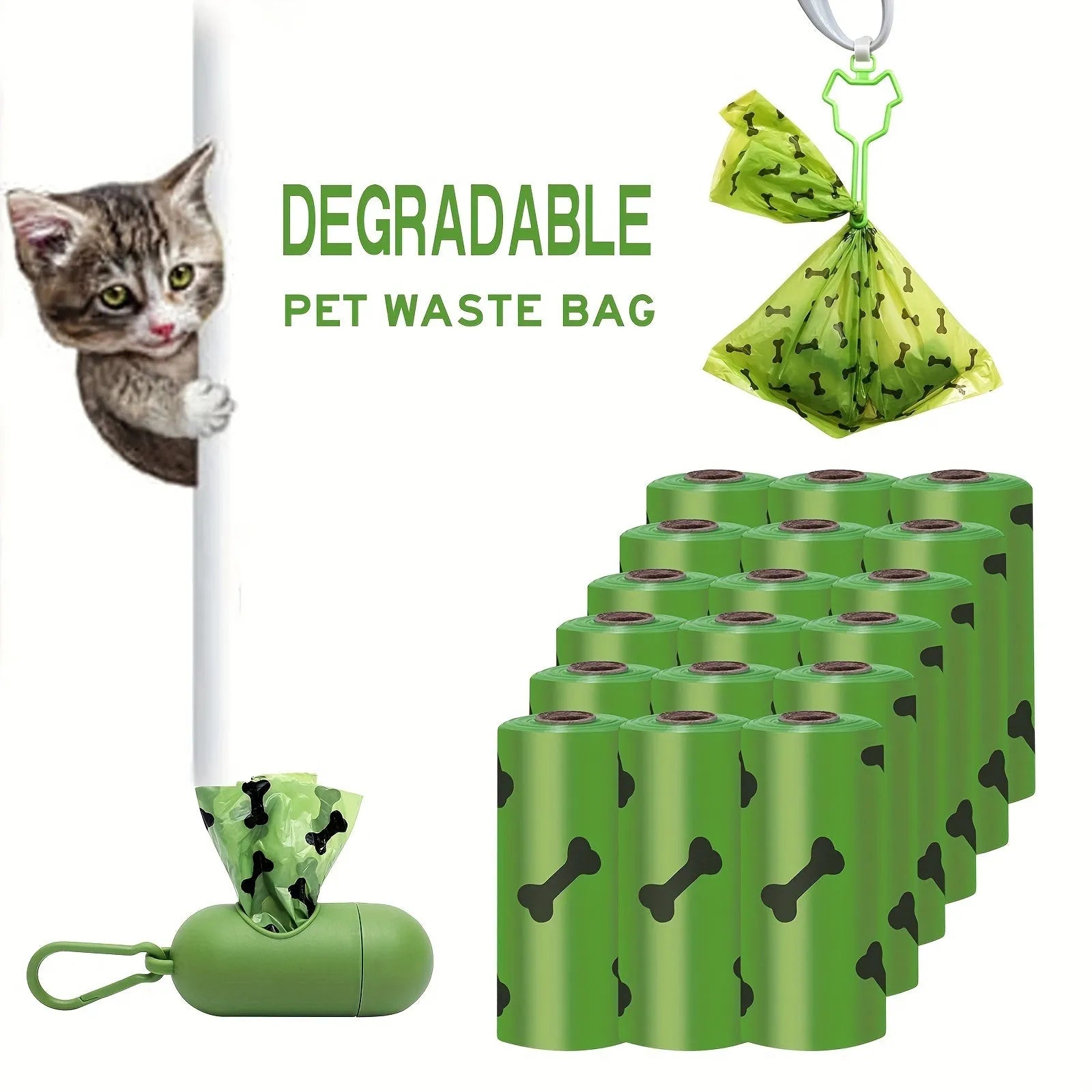 Biodegradable thickened dog poop bags in black and green on a roll with dispenser for pet waste cleanup.