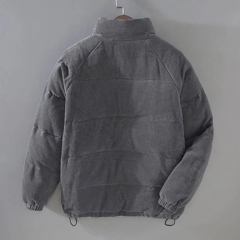 Men's puffer jacket in black with patch pockets, cardigan style, side view