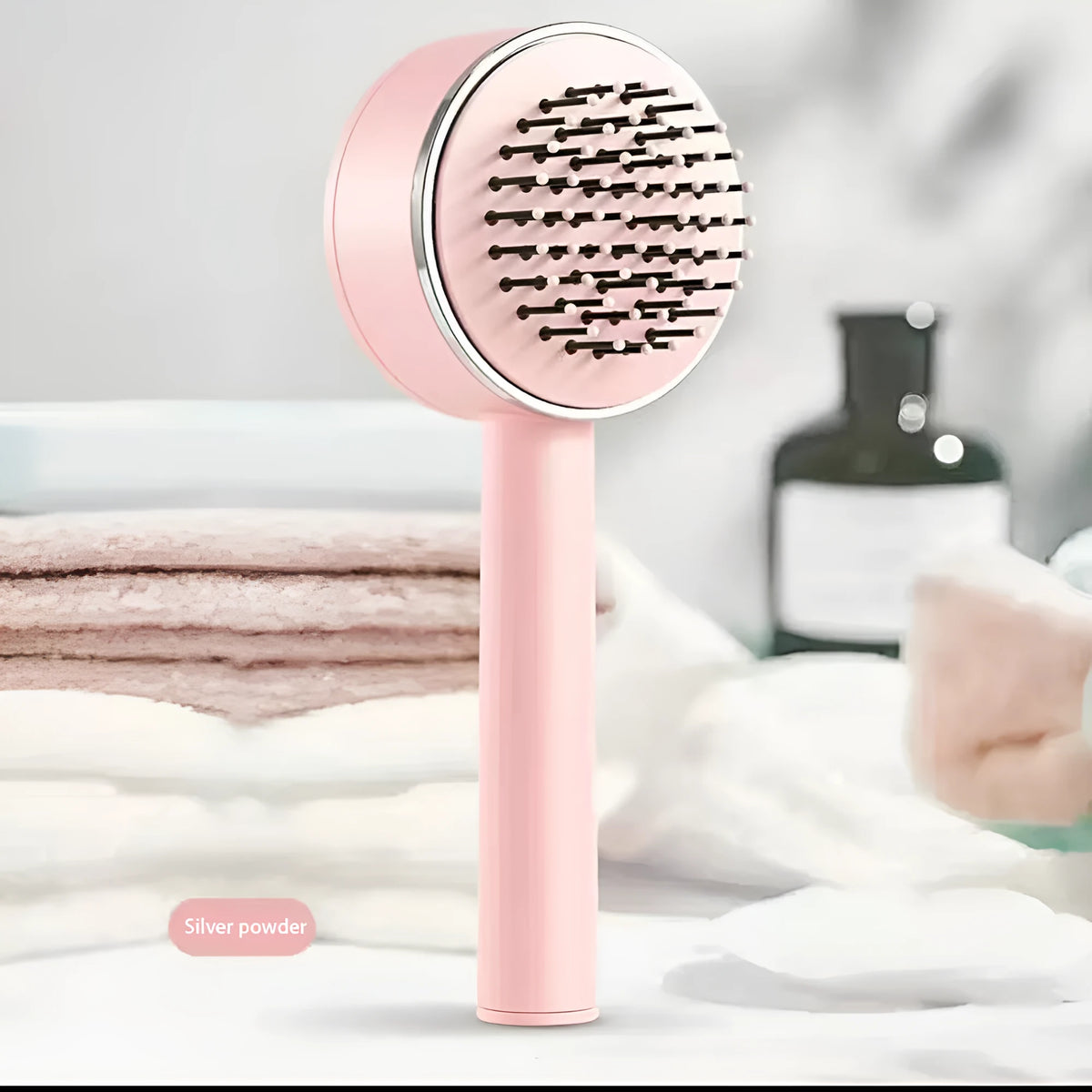 Self-cleaning hair brush for women with 3D air cushion and one-key button in green colour