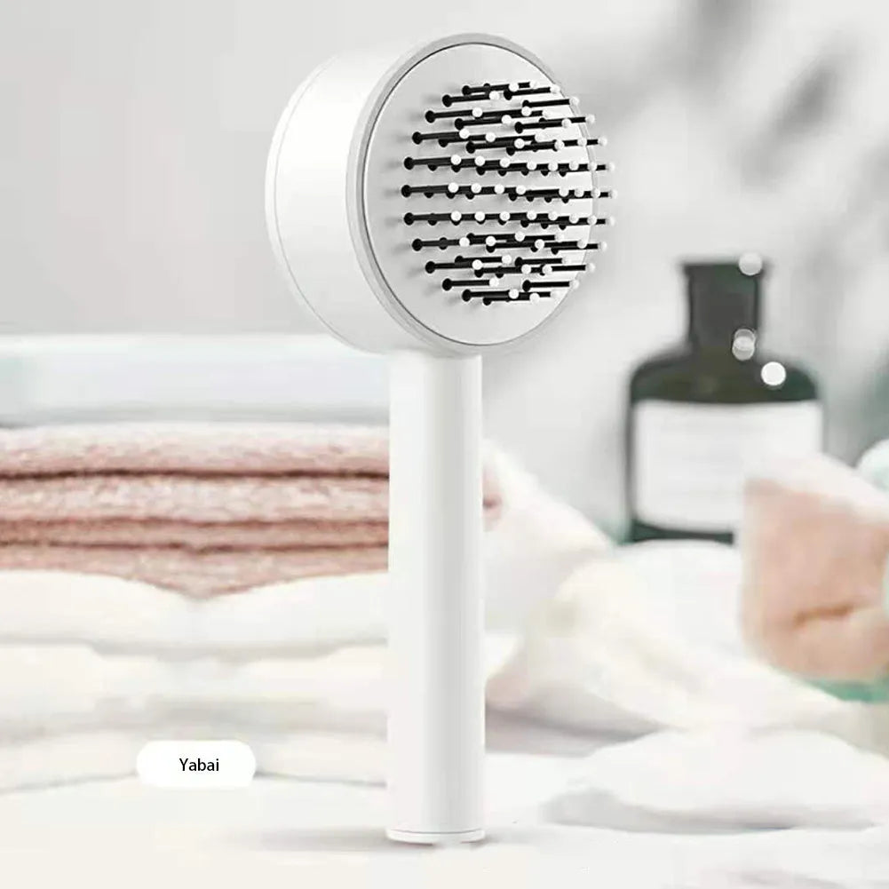 Self-cleaning hair brush for women with 3D air cushion and one-key button in green colour